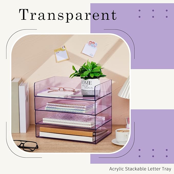 Harloon 4 Tier Clear Purple Acrylic Paper Organizer Letter Tray, Aesthetic Stackable Desk File Organizer Paper Holder Office Tray for A4, Modern Classroom Home Office File Pad Books Notes