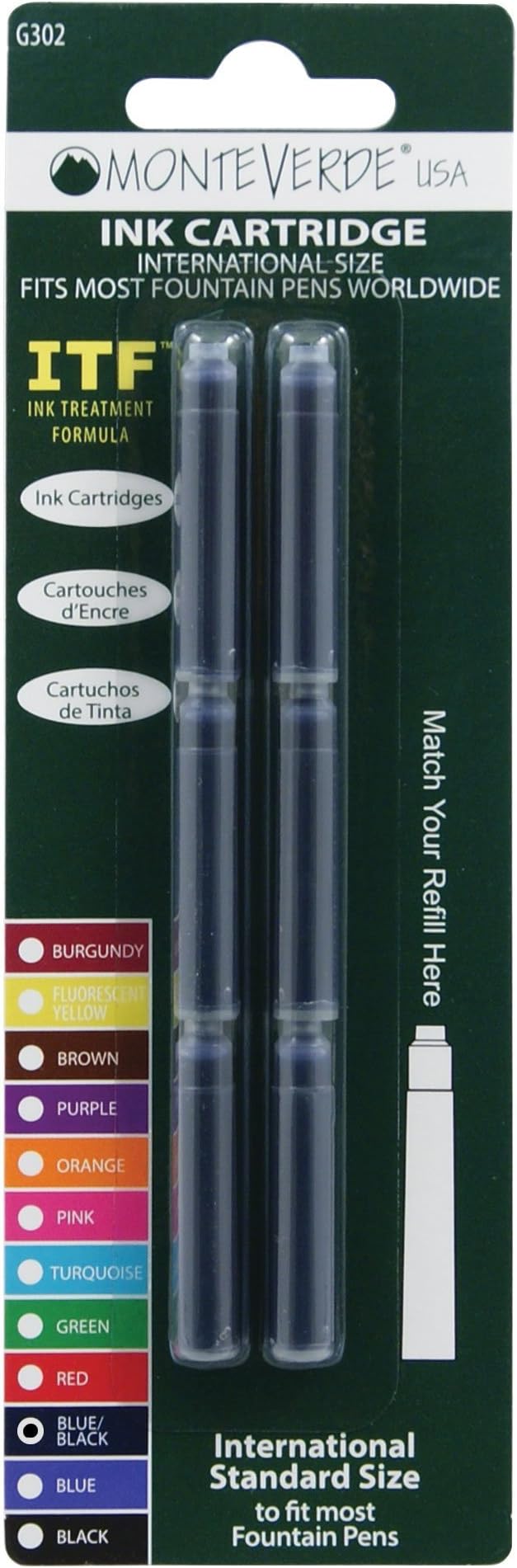 Monteverde International Size Cartridge to Fit Fountain Pens, Blue Black, 6 per Pack (G302BB)