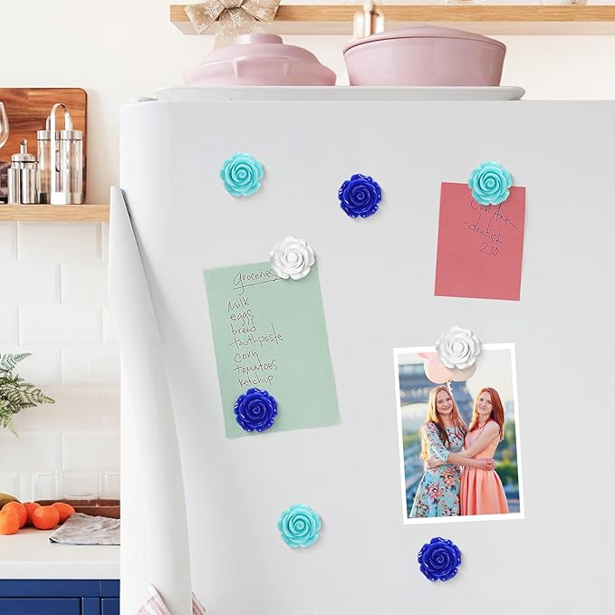 20 Pcs Rose Fridge Magnets, 1.1 Inch Cute Flower Fridge Magnets, 3D Colorful Refrigerator Decorative Magnet for Whiteboard Locker Cabinet (Blue-3 Colors-Rose)