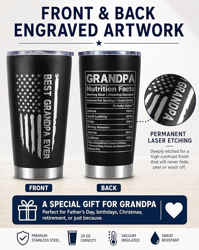 CYYFXKY Best Grandpa Ever 20oz Stainless Steel Tumbler, USA Flag Funny Nutrition Facts Insulated Travel Mug, Fathers Day Birthday Gift for Grandpa Men