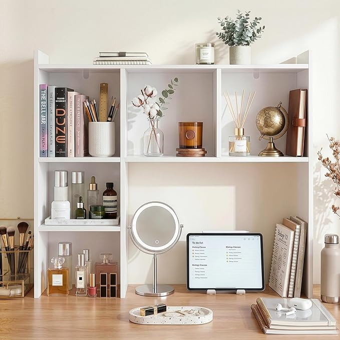 OOOK Desk Hutch, Desktop Bookshelf with 5 Shelves, Wood Desk Shelf for Computer, 3-Tier Desktop Bookshelf Organizer for Home Office Dorm, White