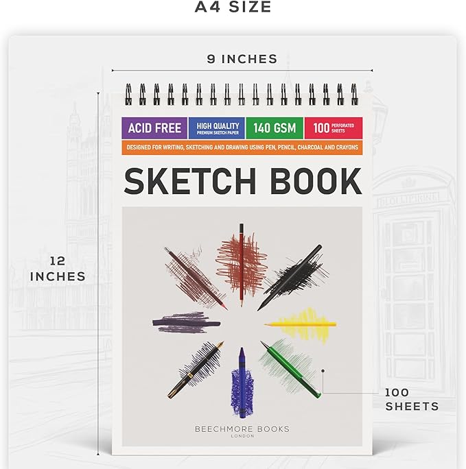 BEECHMORE BOOKS 9"x12" Spiral Bound Sketchbook - 100 Perforated Sheets 140 GSM (95lb) Acid-Free White Paper, Premium Professional Artist Sketch Pad, Art Supplies for Adults Students Drawing Notebook