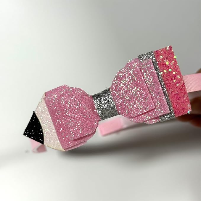 Back to School Headband Pencil Bow Hair Band Sparkly Pink Glitter Headbands Cute Preppy Hair Accessories for Student Teacher Gifts, School Classroom Party Supplies