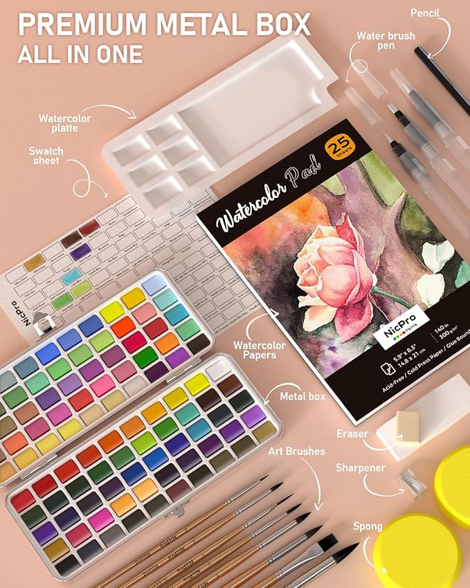 Nicpro 100 Colors Watercolor Paint Set, Metallic Macaron & Fluorescent, 8 Synthetic Squirrel Brushes, 25 Watercolor Paper, Palette, Art Supplies Kit for Artist Adult Beginner with Gift Box