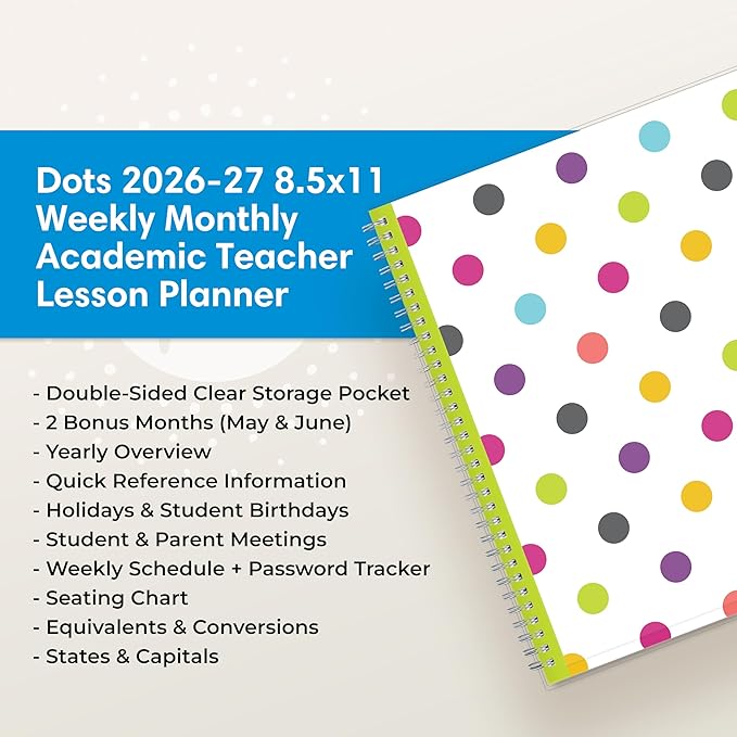 Blue Sky 2026-2027 Weekly and Monthly Academic Year Teacher Lesson Planner Calendar, July 2026 - June 2027, 8.5" x 11", Clear Pocket Cover, Wirebound, Laminated Tabs, Storage Pocket, Dots