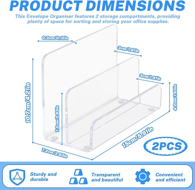 2 Pieces 2 Compartments Acrylic Mail Holder, Vertical Letter Holder for Desk, Office Home File Envelope Mail Organizer Sorter for Desktop Bill Document Notebook (2)