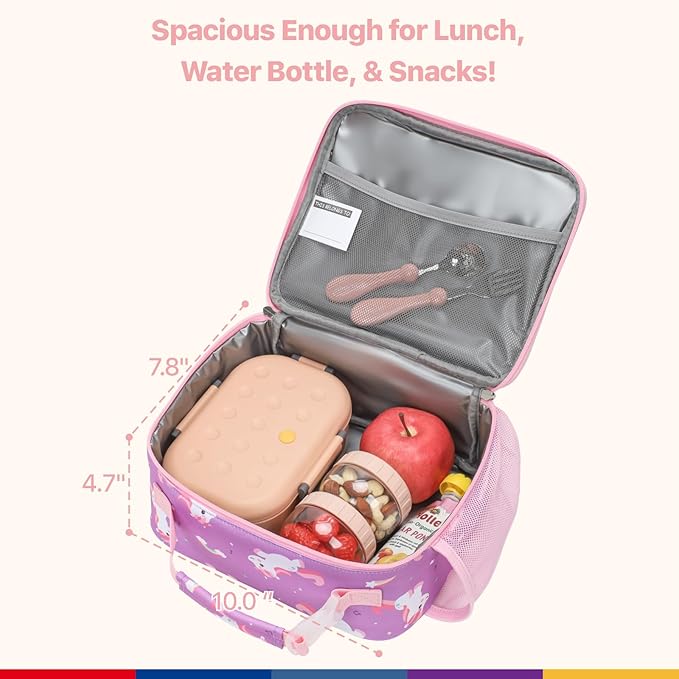 Bagseri Kids Lunch Bag Girls - Thermal Insulated Lunch Box Tote with Water Bottle Holder, Reusable Leak-Proof Kids Lunch Box for Daycare & School, Purple Cute Unicorn (Containers Not Included)