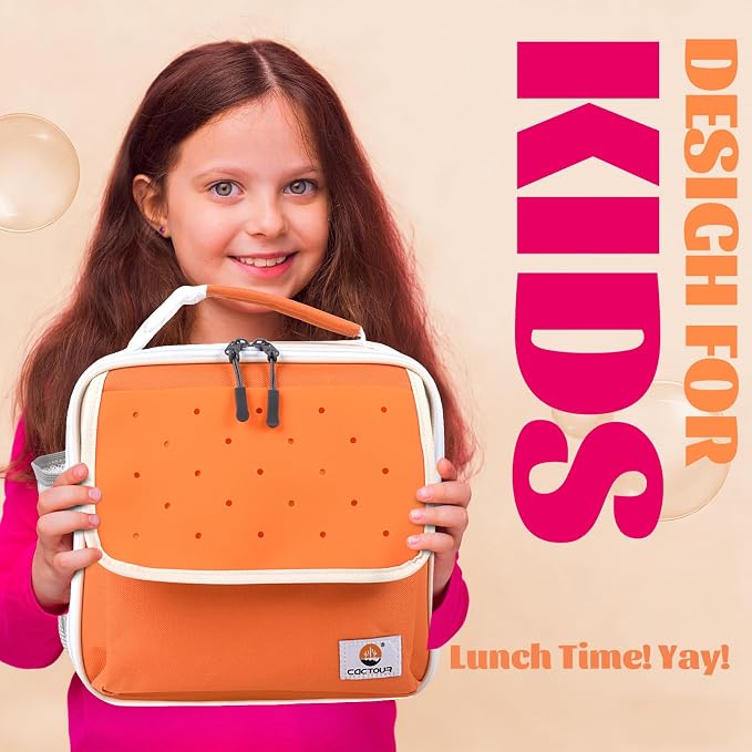 CaCTOUR Lunch Box Kids,Fun Color Lunch Box for Girls,Large Soft Cooler Lunch Bag for Kids,Back to School Thermal Insulated Lunch Tote Bag for School Daycare Outdoor (Orange Beige)