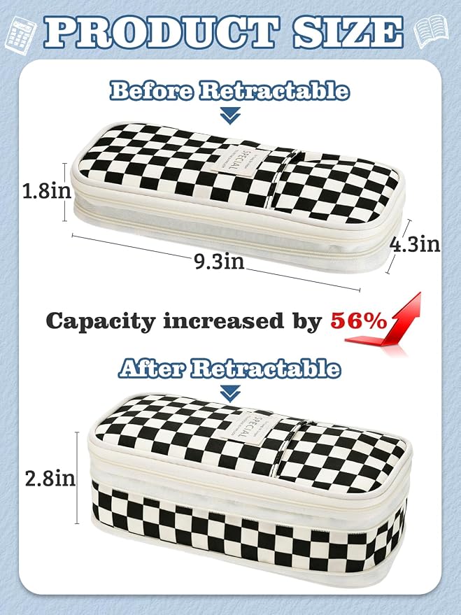 Bigmeta Gingham Expandable Pencil Case for Teens Girls - Black | Zipper Gusset for Adjustable Capacity, Checkered Cute Pencil Pouch, Stationery Bag Box for Student Back to School Gifts
