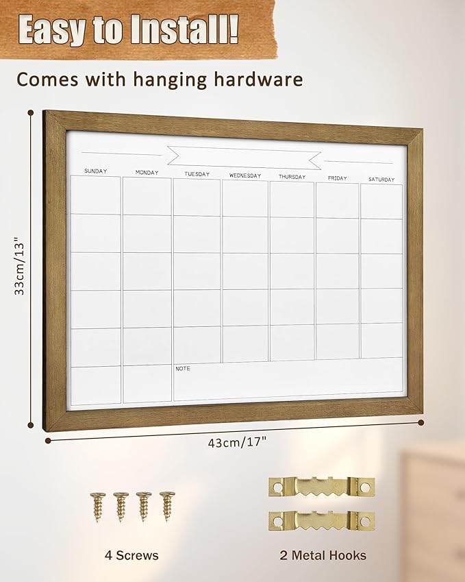 Dry Erase Monthly Calendar Whiteboard, Magnetic Surface White Board for Wall, Office/School/Home, Solid Pine Wood Rustic Brwon Frame Hanging Board & Planning Board, 13"x 17" (YL-RB-3343-B)