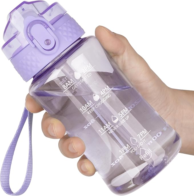 OLDLEY 12oz Kids Water Bottle, Tritan BPA-Free, Leakproof Flip Straw Lid, Motivational Time Marker, Carry Strap, Reusable Clear Water Bottle for Boys & Girls,Amethyst