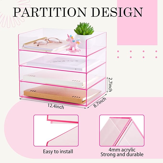 Harloon 4 Tier Paper Organizer Letter Tray Pink Acrylic Desk File Organizer Heavy Duty Stackable Documents Clear Letter Paper Holder Office Tray for A4, Office Classroom Home File Pad Notebooks