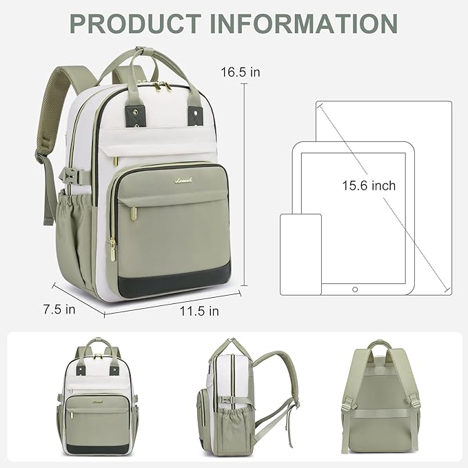 Women Laptop Backpack College Bookbag: 15.6 inch Backpacks with Pouch Pocket for Large Capacity Cup Travel Waterproof Book Bag Anti-theft Casual Work Bookbags for Teacher Nurse Beige Green