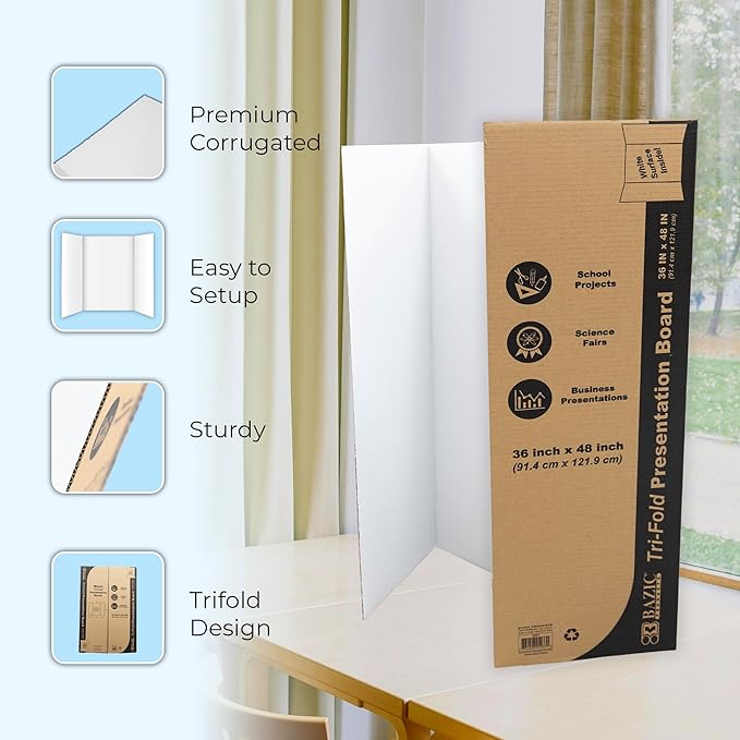 BAZIC Products Trifold Poster Board – White Corrugated Cardboard Display Board for School Projects, Science Fairs, Photos, Charts, and Classroom Presentations, 36" X 48", 2-Pack