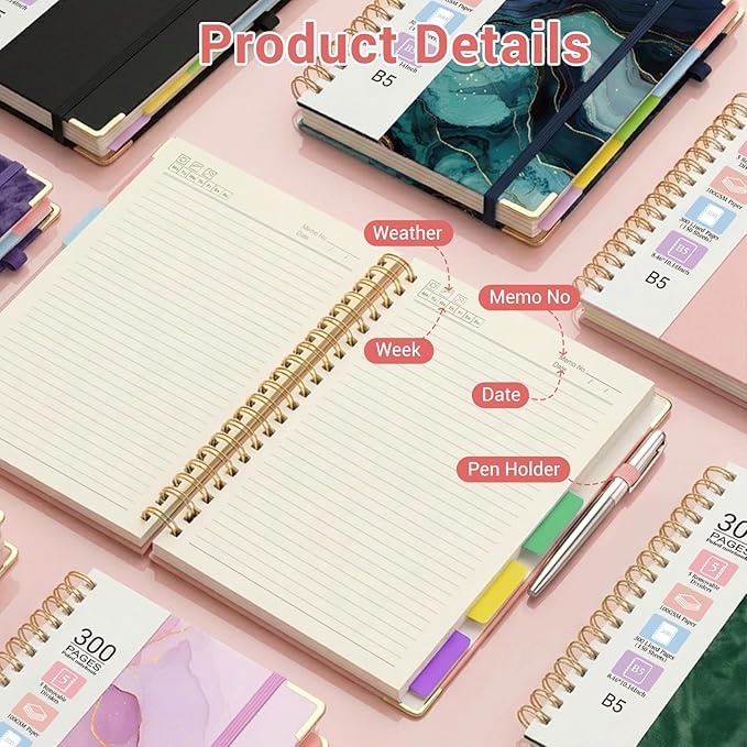 Hardcover Spiral Journal Notebook, 300 Pages 5 Subject Notebook College Ruled with Removable Dividers Tabs, 8" x 10" Notebooks for Work, Spiral Ruled Lined Writing Journal Hardcover Leather Notebook for School (Blue and pink flowers, 8''x 10'')