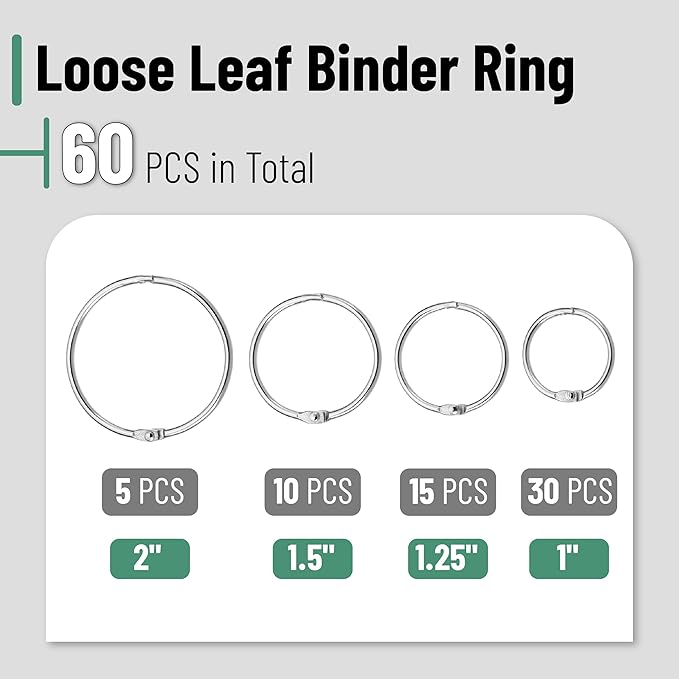Mr. Pen- Loose Leaf Binder Ring, 60 Pack, 4 Sizes (1", 1.25", 1.5", 2"), Metal Loose Leaf Binder Book Rings for Books and Index Cards, Scrapbook, Keychains, School, Home, Office, Silver