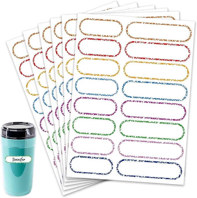 96 PCS Waterproof Bottle Labels, Write-On Kids Name Labels, Self-Laminating Self-Adhesive Bottle Strickers for Daycare School, Assorted Sizes & Colors