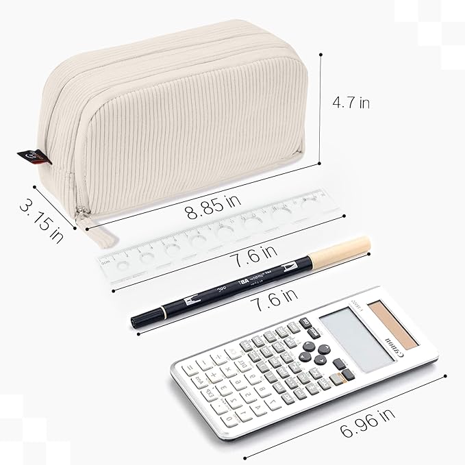 Sooez Big Capacity Pencil Case Pen Pouch, Soft Corduroy Pencil Bag with 3 Compartment, Multiple Pockets, Sturdy Zipper, Cute School Supplies Pen Bag Organizer For Teen Girls College, Beige