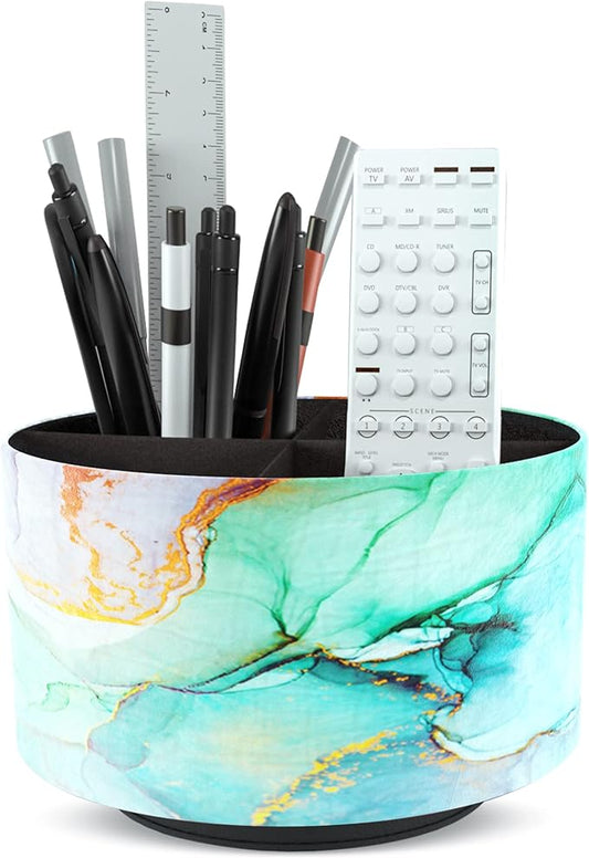 Round Leather Art Supply Organizer,Remote Control Holder,360 Degree Rotating,Multi-Functional Pencil Holder,4 Compartments Desktop Stationary Organizer(1-Splash Ink)