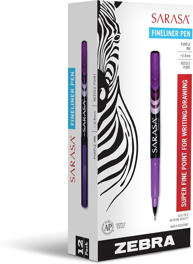 Zebra Pen, SARASA Fineliner Felt Tip Pens, 0.8mm Porous Point, Violet Ink, Archival Quality, Acid Free, Fast-Drying, Ideal for Writing, Journaling and Coloring, 12-Pack 66180AMZ