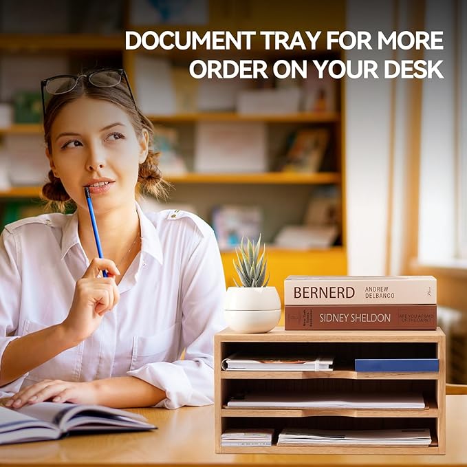 KIRIGEN Wooden Desktop Organizer, 3 Tier Solid Wood Letter Tray and Paper File Sorter for Desk, Freestanding Office Document Holder for Mail, Magazines, Folders, Natural 3KWJG-NA
