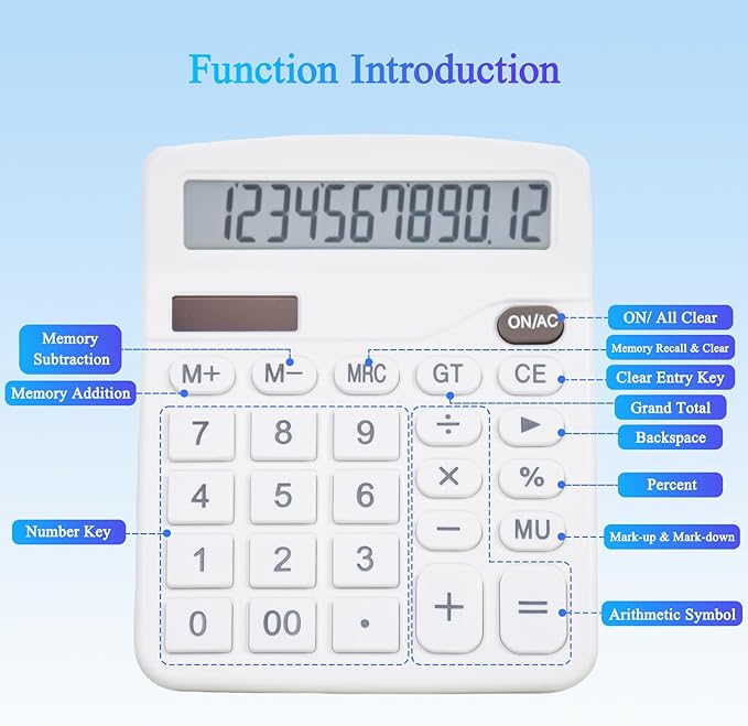 SAYEEC Desk Calculator, 12 Digit Desktop Calculator with Large LCD Display & Sensitive Button, Dual Solar Power & Battery, Standard Office Calculators Basic Function Calculators for Home School, White