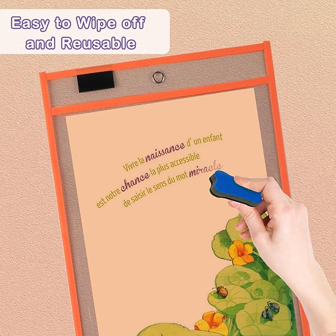 Ufamrine 6 Pcs Dry Erase Pockets Sleeves Colorful, Job Ticket Holders (10" * 13"), Reusable Plastic Sleeves for Teacher Classroom