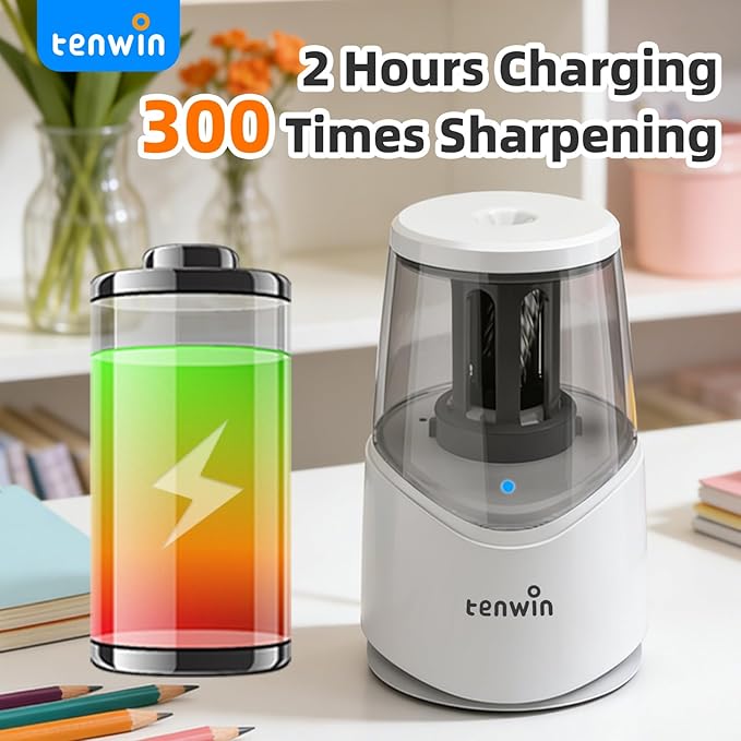 tenwin Rechargeable Pencil Sharpener for No.2 & Colored 6-8mm Pencils, Heavy Duty Electric Pencil Sharpener, Durable Helical Blade for Fast Sharpen, Home/School/Art Studio (White)