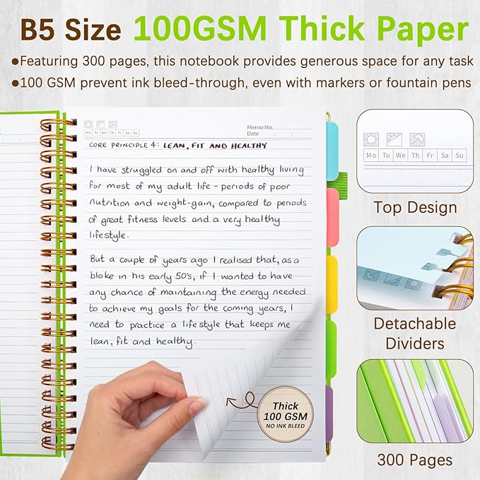 Hardcover Spiral Notebooks for Work 8''x 10'', 300 Pages 5 Subject Notebook with Dividers & Tabs, B5 Spiral Journal for Women, College Ruled Notebooks for School Note-Taking (Avocado Green)