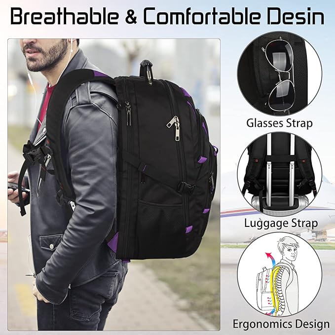 18.4 inch Travel Backpack Men Women, 55-60L Extra Large Laptop Backpack RFID Anti Theft TSA Friendly Flight Approved Backpacks, Water Resistant College School Heavy Duty, Purple