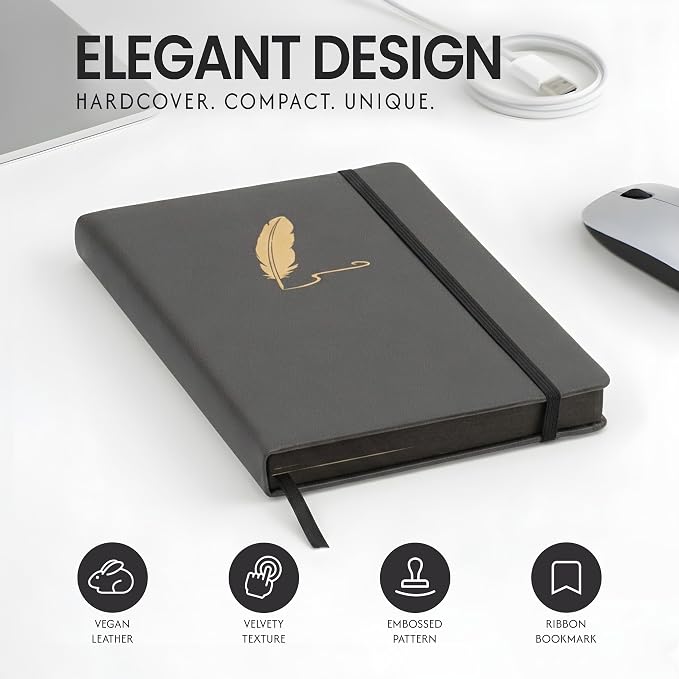 EVERLINEA 5.6” x 8.3” Embossed Quill A5 Hardcover Notebook, 240 Lined Pages, Black Graphite