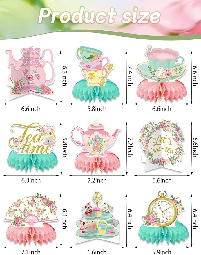 Tea Party Decorations, 9 Pcs Tea Party Table Decorations for Girls | 3D Tea Party Centerpieces for Tables, Floral Teapot Honeycomb Centerpieces for Birthday, Baby Shower Spring Party Supplies