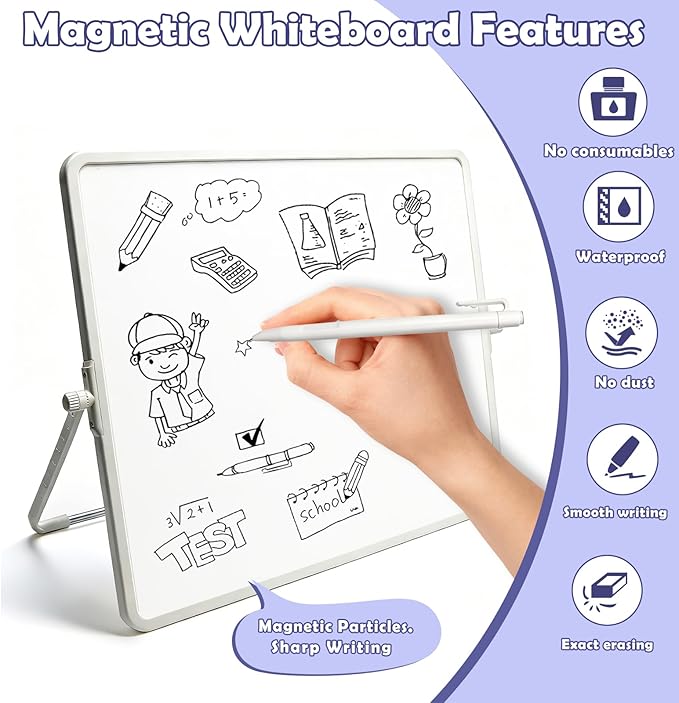 Pbooo Dry Erase White Board 15x17.5 Inches with Magnetic Pen (No Ink Needed) & Felt Eraser, Portable Desktop Whiteboard with Stand for Office, Home, School, Kids Drawing