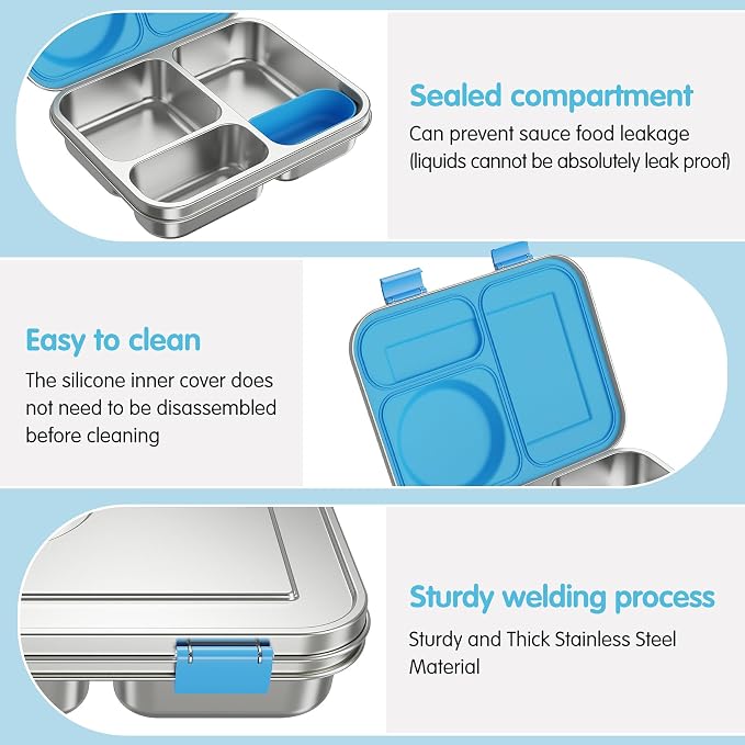Stainless Steel Bento Box Kids Adult with 8oz Soup Thermo, 3 Compartments Metal Bento Lunch Box with Insulated Food Jar,Lunch Box Container Sauce Cup for School,BPA-Free(Blue)