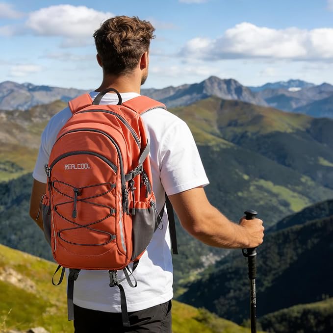 RealCool 30L Lightweight Hiking Backpack, Waterproof Daypack for Camping | 210D tear-resistant nylon, breathable shoulder and back panel, Multi-Compartment,hydration system,reflective strip,bungee net
