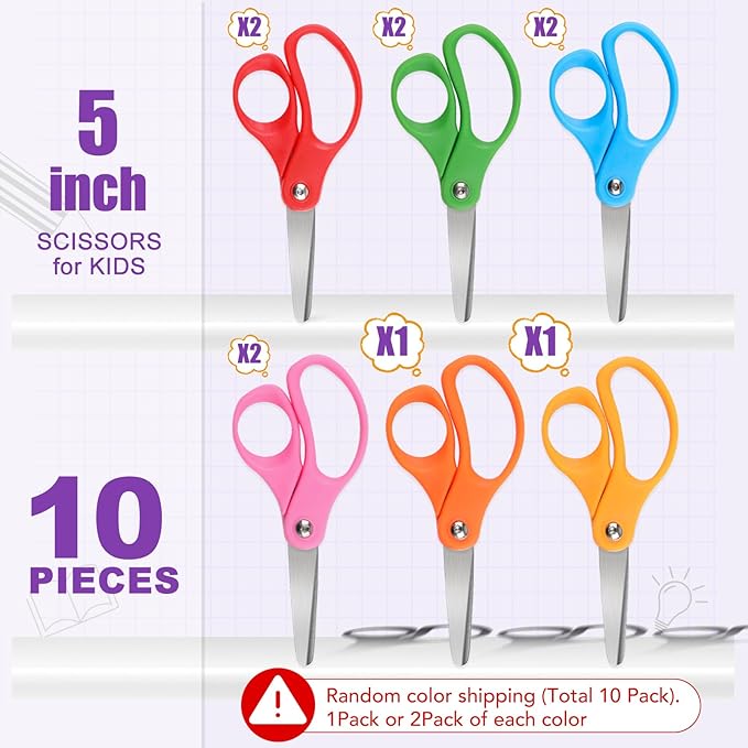 BURVAGY 10 Packs 5" Small School Student Blunt Tip Craft Kids Scissors, Stainless Steel Blades Comfort Grip 5 Inch Safety Scissors Bulk for Children Toodler Cutting Paper