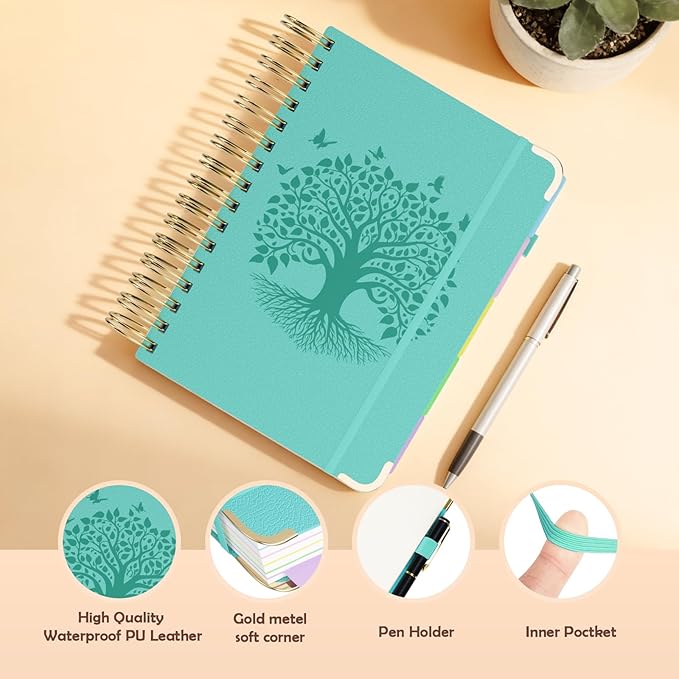 QIYVLOS Hardcover Spiral Notebook, A5 Journal with Removable Dividers Tabs, 5 Subject Notebook College Ruled, 320 Pages 6"x8" Leather Notebooks for Work School Study, Lined Journal for Women, Cyan
