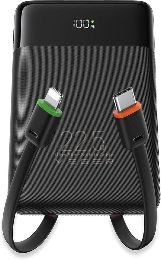VEGER 22.5W Fast Charging Portable Charger, Slim 10000mAh Power Bank with Built-in Cables, Small USB C Battery Pack for iPhone iPad Samsung Galaxy Pixel LG Moto, Flight Safe, Travel Essential, Black