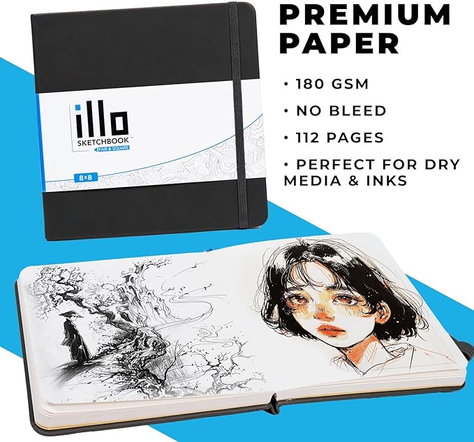 illo Sketchbook 8’’ x 8’’ Square Hardcover Sketch Book, (112lb/180gsm) Heavyweight Paper, Ribbon Marker, Back Pocket, Lays Flat, Minimal Bleed, Vegan, for Artists & Beginners