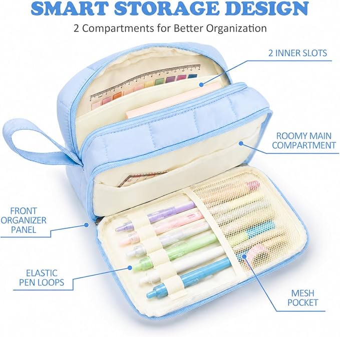 Puffer Quilted Pencil Pouch for Women, Large Capacity Organizer Bag with Multiple Compartments, Cute Aesthetic Pencil Case for Office, Travel & Daily Essentials(beige)