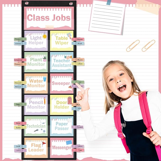 Pasimy Pastel Class Jobs Pocket Chart Class Helpers Pocket Chart Classroom Jobs Cards with Clips and Hooks Teacher Helper Bulletin Board Set for Back to School Classroom Teacher Supplies