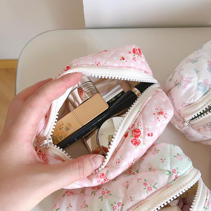 Sminra Small Quilted Makeup Pouch, Floral Cotton Cosmetic Bag for Purse, Cottagecore Zipper Pouch Organizer for Daily Essentials, Soft Mini Toiletry Pouch, Pink Floral-S