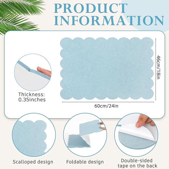 Mooliwe Scalloped Felt Bulletin Board 24 x 18 Inches Foldable Light Blue Pin Cork Board Alternative for Wall, 2' x 1.5' Trifold Picture Vision Self Adhesive Bulletin Decorative