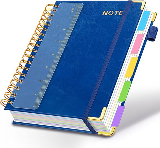 Hardcover Spiral Notebooks for Work 6.2"x 8.2", 300 Pages 5 Subject Notebook with Dividers & Tabs, A5 Spiral Journal for Women, College Ruled Notebook for School Note-Taking (Lake Blue)
