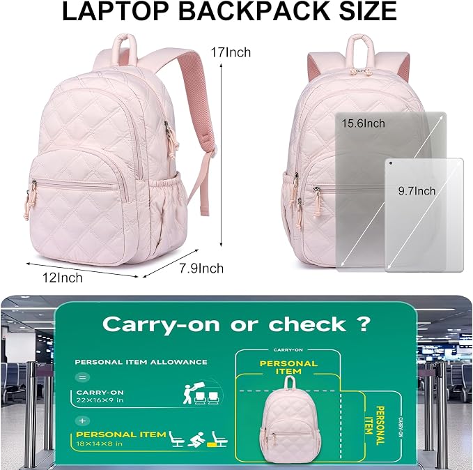 Backpack for Women Travel Bag: 15.6 Inch Laptop Backpacks Quilted College Bookbag Lightweight Casual Daypack Water-Resistant Computer Backpacks for Students Teacher Work Pink
