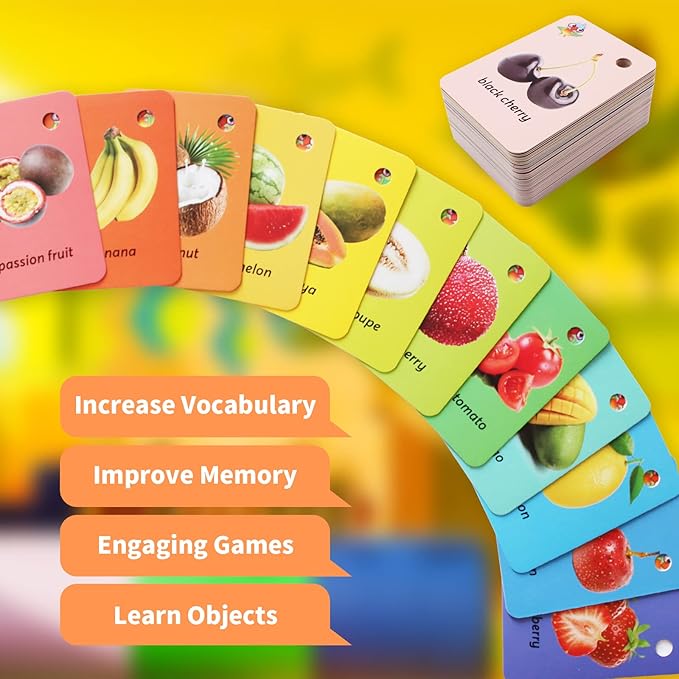 52 Pcs Kids Fruit Flash Cards Gift for Toddler Sight Words with Pictures Preschool Flash Cards Kindergarten Learning Activities with Rings (Fruit)
