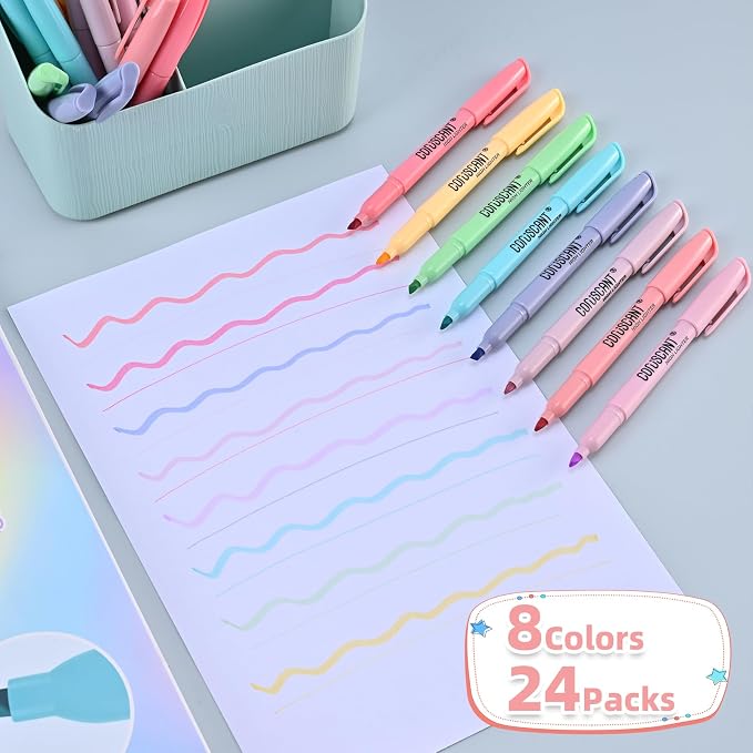 coruscant Pastel Highlighters Set, 8 Assorted Colors, 24 Pack, Chisel Tip Cute Highlighters, Dry Quickly, for Journal Bible Study,school Office Supplies
