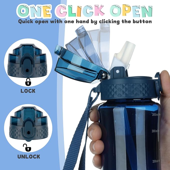 OLDLEY 12oz Kids Water Bottle, Tritan BPA-Free, Leakproof Flip Straw Lid, Motivational Time Marker, Carry Strap, Reusable Clear Water Bottle for Boys & Girls,Slate Blue