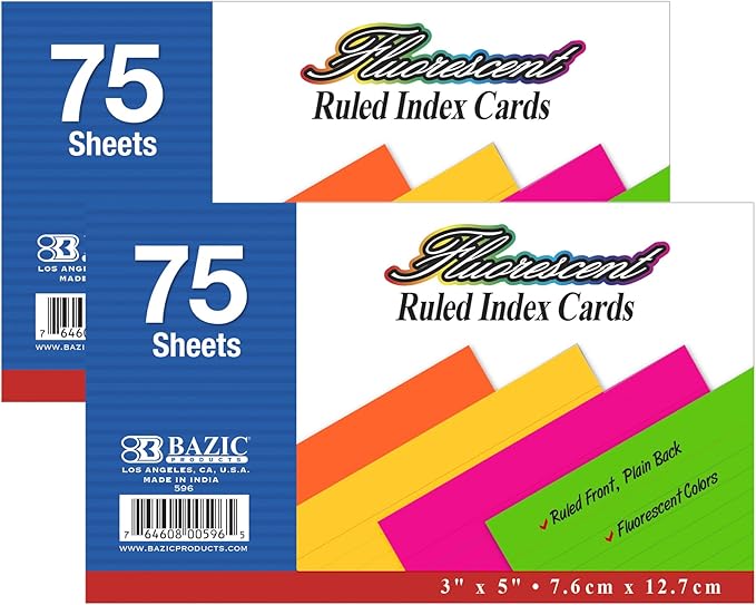 BAZIC Products Fluorescent Ruled Index Cards, 3" x 5", 75 Sheets