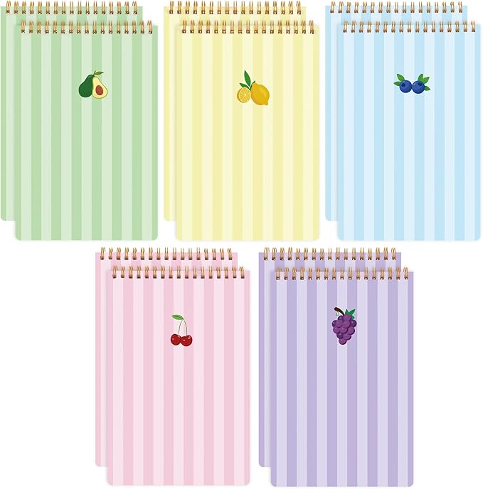 Thboxes 10 Pack 6 x 9 Steno Pads Top Spiral Notebook 5 Color Fruit Covers, White Paper with Double-sided Ruled Printing,80 Sheets Per Pad, for School, University, College, Work, Office.
